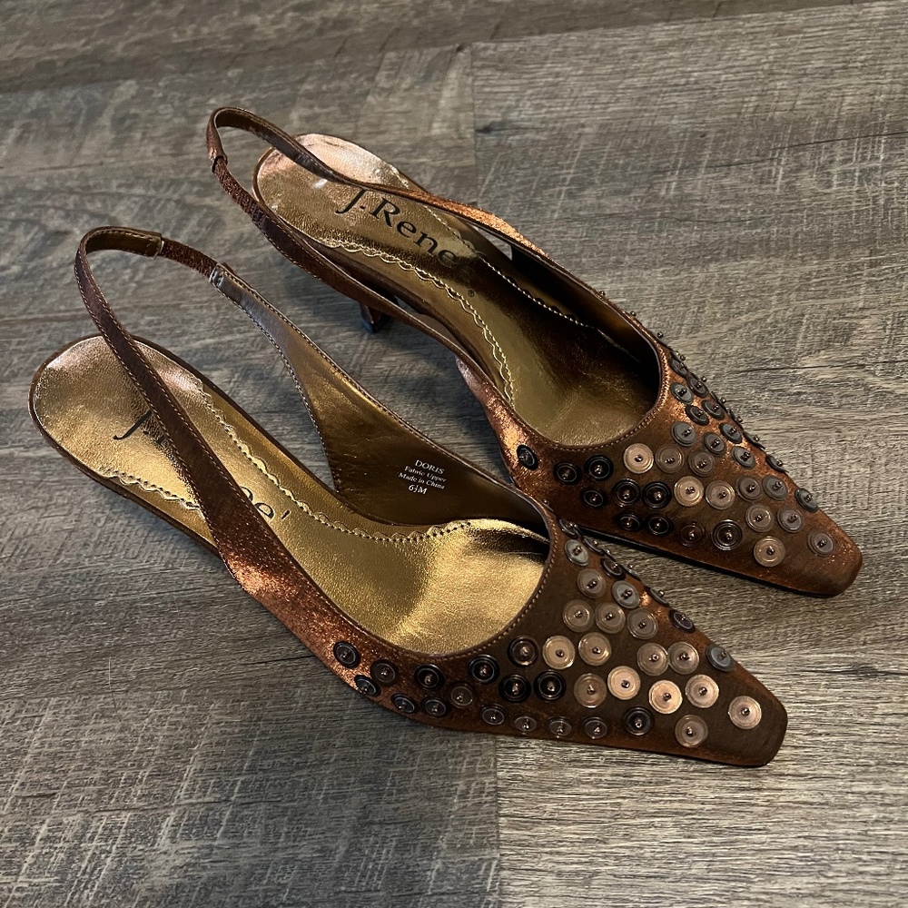 J. Renee Doris Satin Slingback Pumps Brown with Sequins